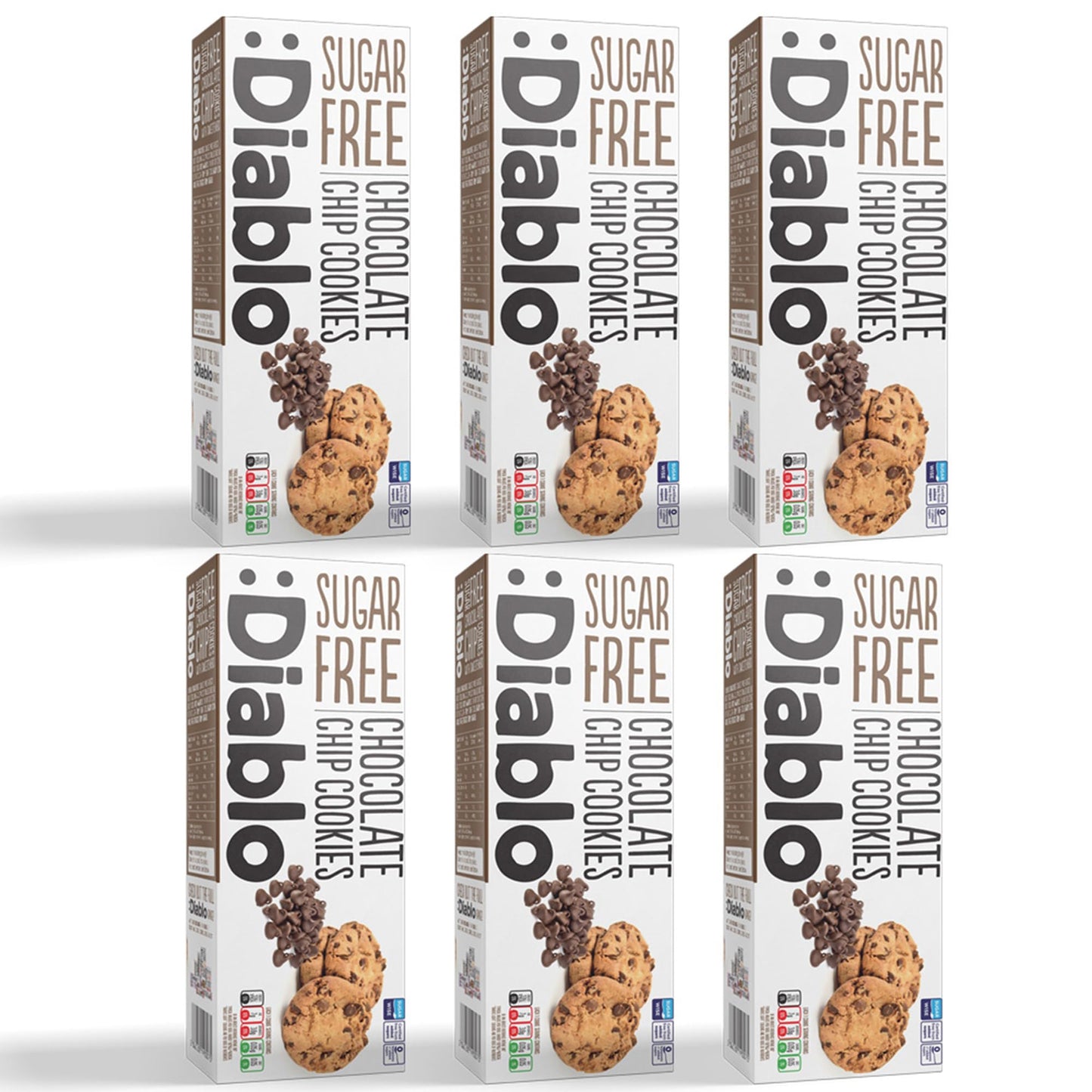 Diablo Sugar Free Chocolate Chip Cookies – Low Sugar Snacks Made with Maltitol, Crunchy Chocolate Flavor Treats for Everyday Snacking, Guilt Free Biscuit Alternative, 130g Pack of 6