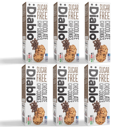 Diablo Sugar Free Chocolate Chip Cookies – Low Sugar Snacks Made with Maltitol, Crunchy Chocolate Flavor Treats for Everyday Snacking, Guilt Free Biscuit Alternative, 130g Pack of 6