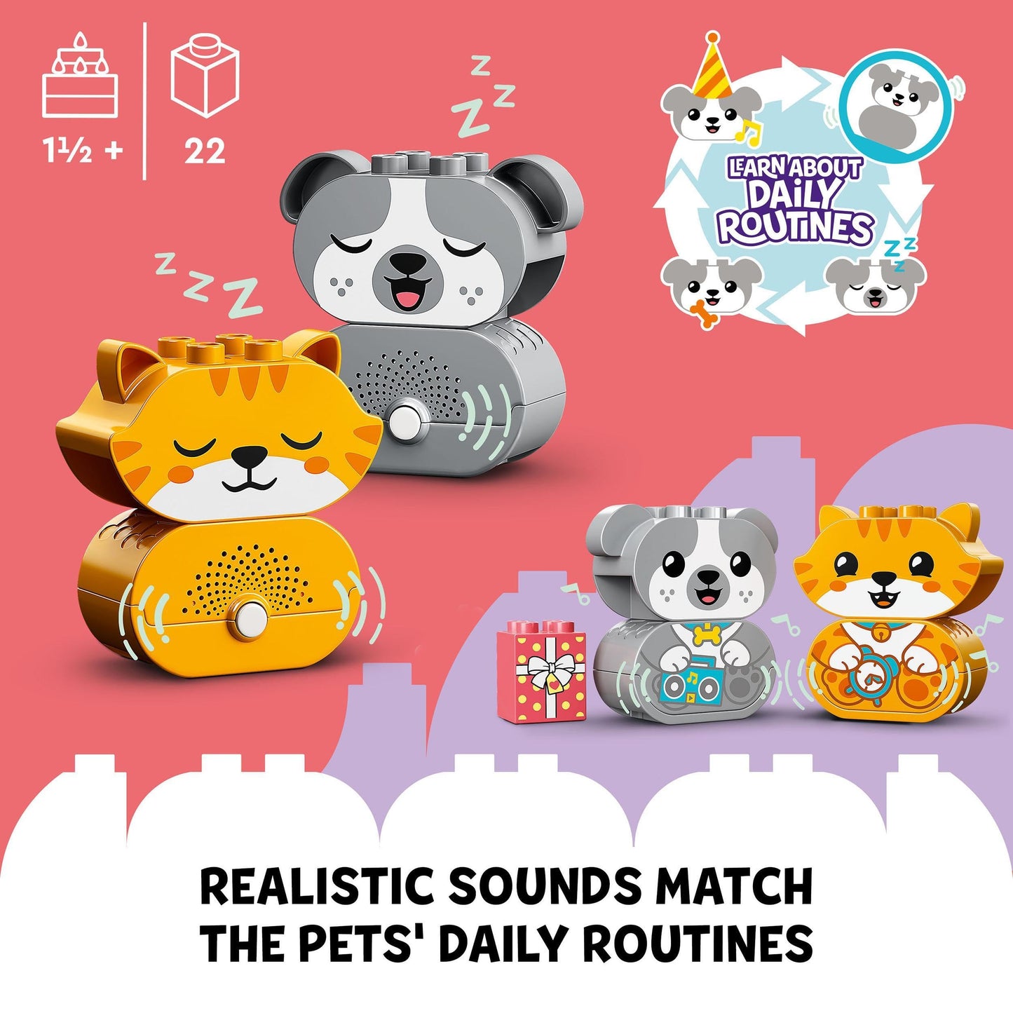 LEGO 10977 DUPLO My First Puppy & Kitten With Sounds Pet Animal Toys for Toddlers 1 .5-3 Years Old, Early Development Set with Large Bricks