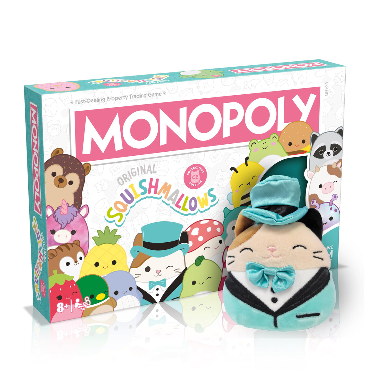 Winning Moves Squishmallows Monopoly Board Game Collectors Edition, Play with Fifi the Fox, Rosie the pig and Brock Bulldog, exclusive 4 Inch Cam the Cat plush, gift for ages 8 plus (WM04179-EN1-6)