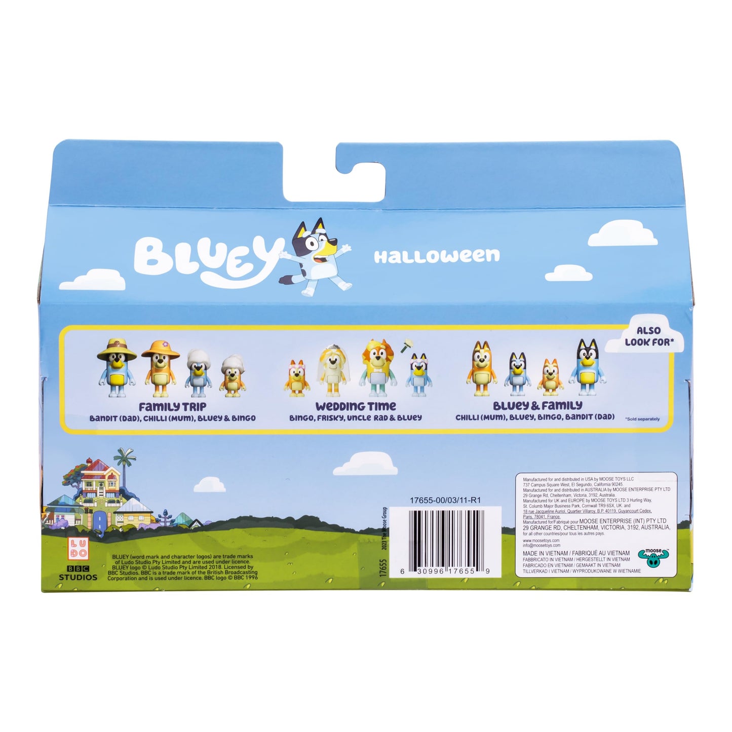 Bluey Figure 4-Packs, Halloween, 2.5 Inch Poseable Figures of Bluey, Bingo, Chloe and Lucky Dressed In Halloween Costumes, With Accessories
