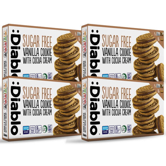 Diablo Sugar Free Sandwich Cookies – Vanilla Cookie with Cocoa Cream, Sugar Free Snacks, Maltitol-Sweetened for Everyday Enjoyment, Sweet Treats For All, 176g 4 Pack