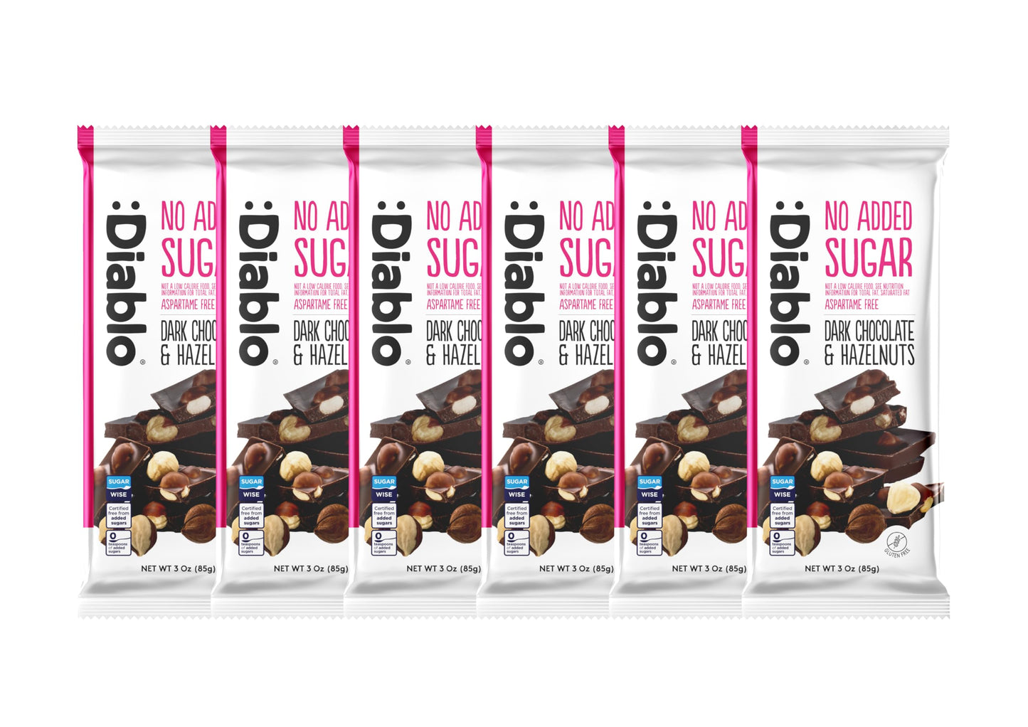 Diablo Dark Chocolate with Hazelnuts, No Added Sugar Dark Chocolate Bar - Maltitol Sweetened, Gluten-Free Snack for All - Celebrate Any Occasion, Birthdays, Valentines, Anniversary - 85g, 6 Packs