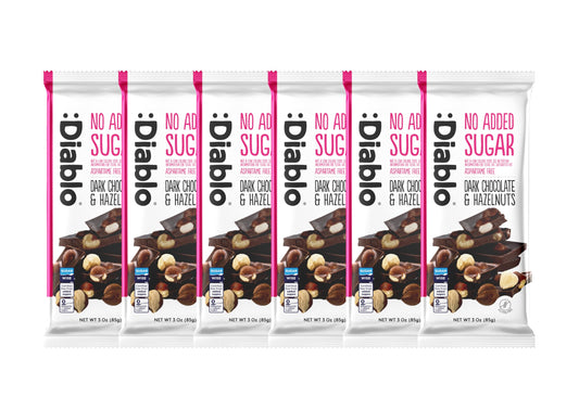 Diablo Dark Chocolate with Hazelnuts, No Added Sugar Dark Chocolate Bar - Maltitol Sweetened, Gluten-Free Snack for All - Celebrate Any Occasion, Birthdays, Valentines, Anniversary - 85g, 6 Packs