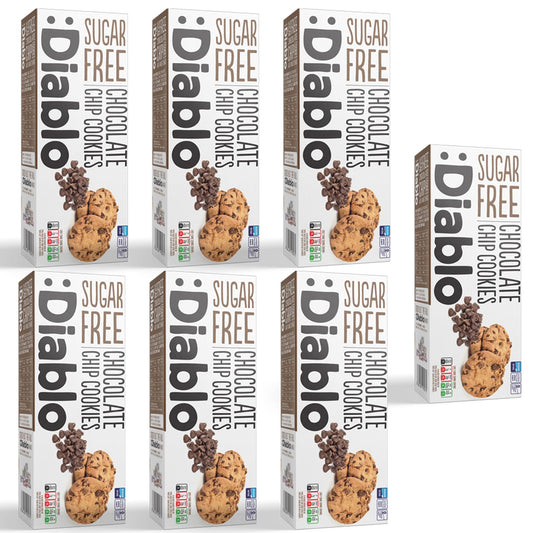 Diablo Sugar Free Chocolate Chip Cookies – Low Sugar Snacks Made with Maltitol, Crunchy Chocolate Flavor Treats for Everyday Snacking, Guilt Free Biscuit Alternative, 130g Pack of 7
