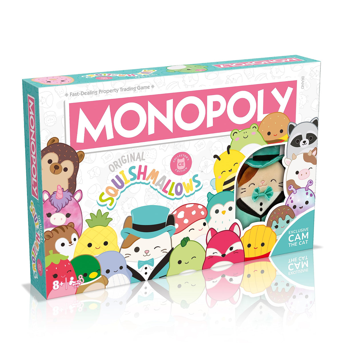 Winning Moves Squishmallows Monopoly Board Game Collectors Edition, Play with Fifi the Fox, Rosie the pig and Brock Bulldog, exclusive 4 Inch Cam the Cat plush, gift for ages 8 plus (WM04179-EN1-6)