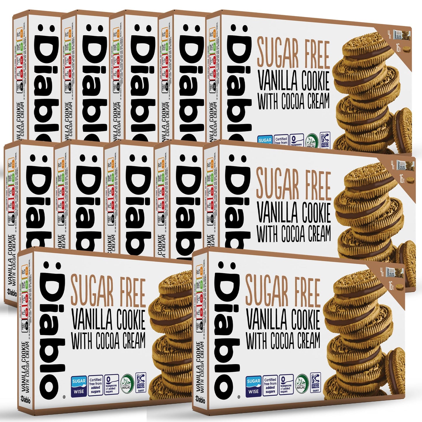 Diablo Sugar Free Sandwich Cookies – Vanilla Cookie with Cocoa Cream, Sugar Free Snacks, Maltitol-Sweetened for Everyday Enjoyment, Sweet Treats For All, 176g 12 Pack