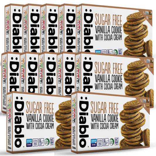 Diablo Sugar Free Sandwich Cookies – Vanilla Cookie with Cocoa Cream, Sugar Free Snacks, Maltitol-Sweetened for Everyday Enjoyment, Sweet Treats For All, 176g 12 Pack