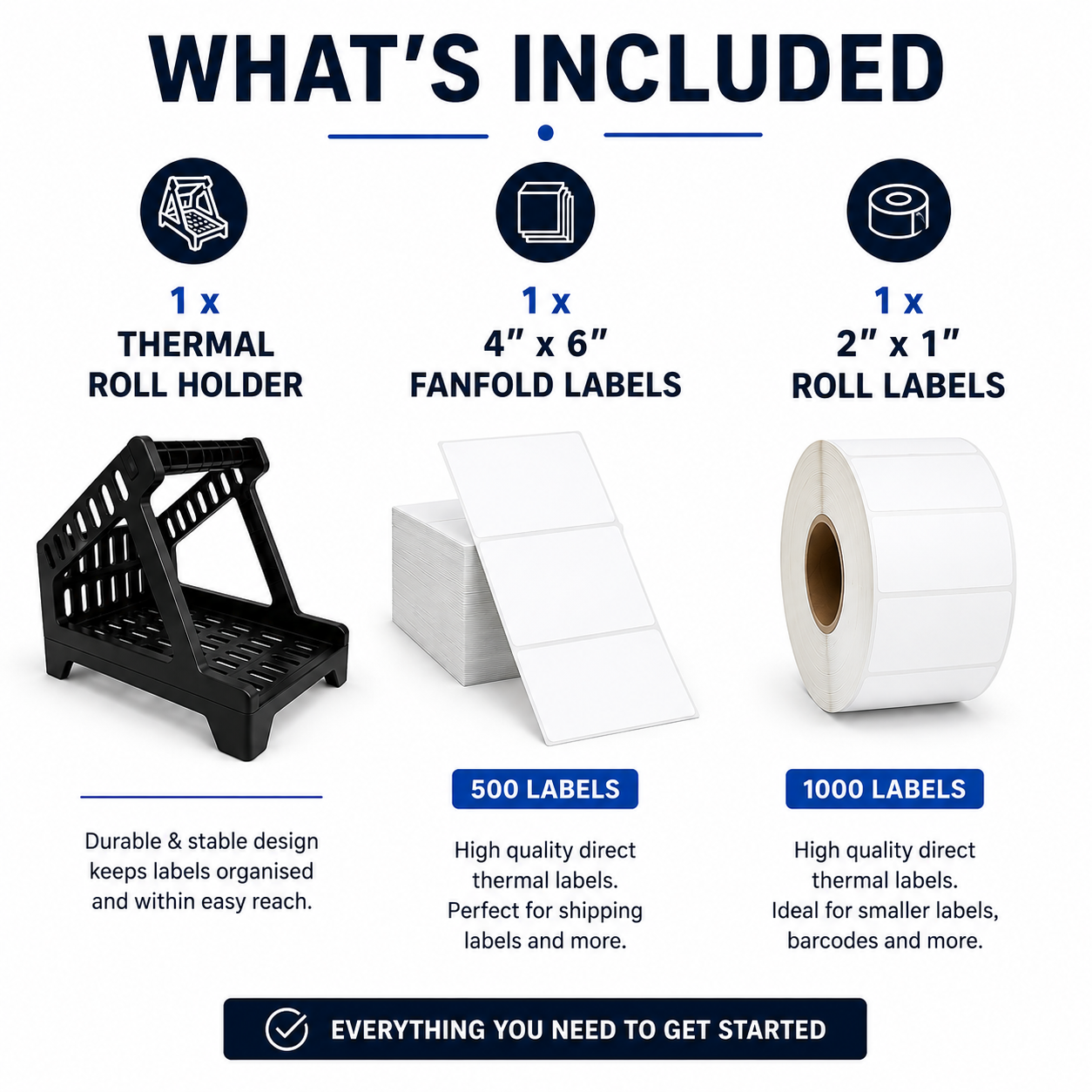 Thermal Label Holder Bundle with 500 6x4 and 1000 2x1 Labels