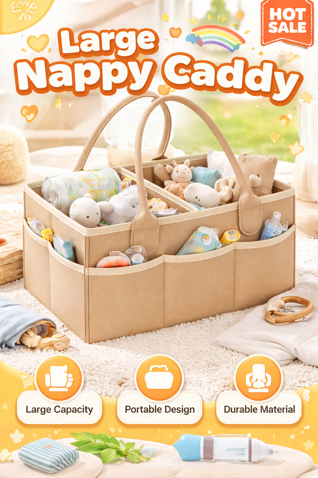 Large Baby Nappy Caddy Organiser 34.5×23×18cm – Sturdy Felt Diaper Storage Basket with Adjustable Compartments & 8 Pockets – Portable Nursery Organiser for Newborn Essentials & Baby Shower Gift