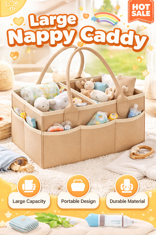 Large Baby Nappy Caddy Organiser 34.5×23×18cm – Sturdy Felt Diaper Storage Basket with Adjustable Compartments & 8 Pockets – Portable Nursery Organiser for Newborn Essentials & Baby Shower Gift