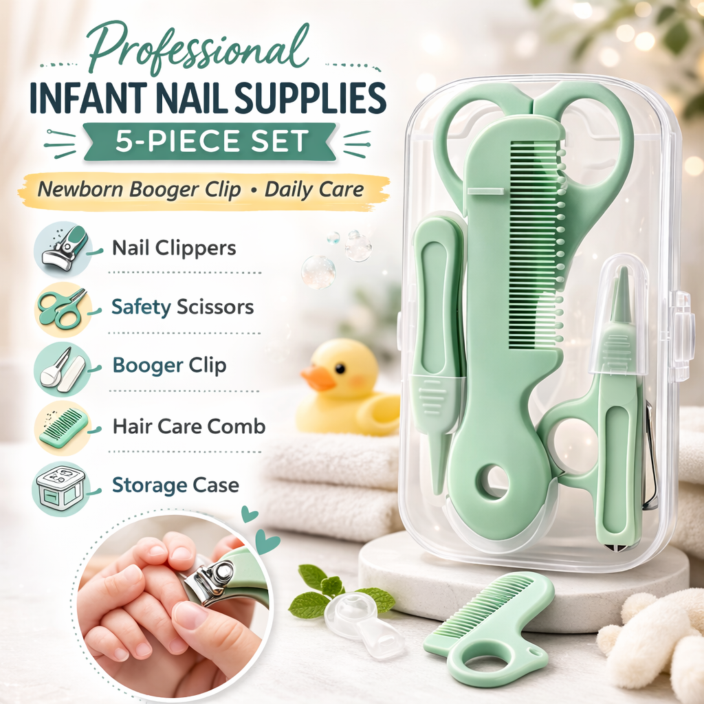 Alimos Infant Nail Supplies 5-Piece Set Newborn Booger Clip Daily Care Nail Clippers Scissors Hair Care Comb