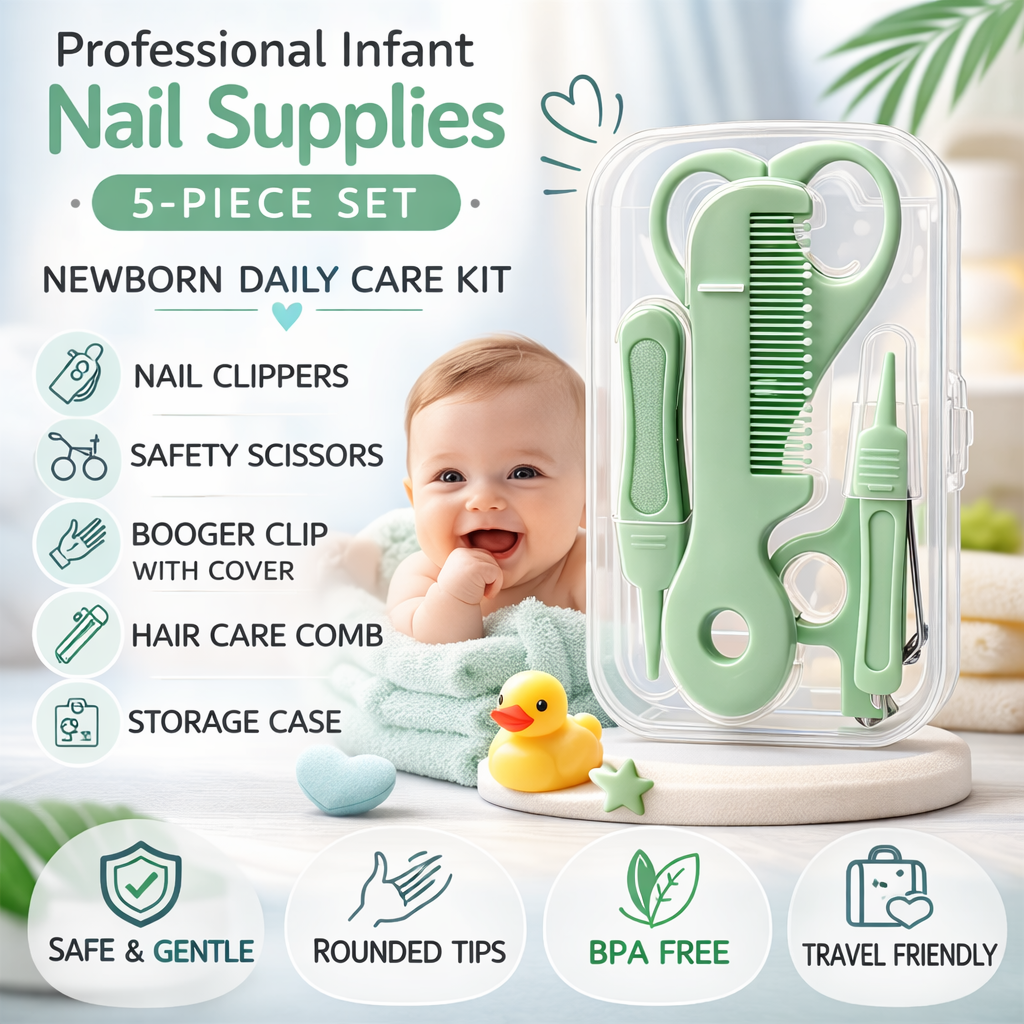 Alimos Infant Nail Supplies 5-Piece Set Newborn Booger Clip Daily Care Nail Clippers Scissors Hair Care Comb