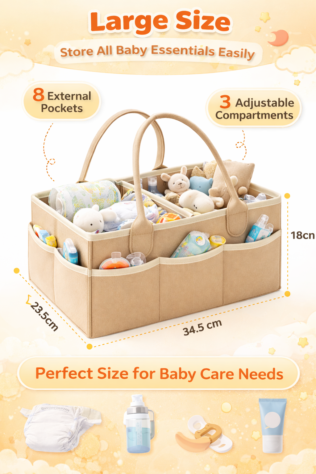Large Baby Nappy Caddy Organiser 34.5×23×18cm – Sturdy Felt Diaper Storage Basket with Adjustable Compartments & 8 Pockets – Portable Nursery Organiser for Newborn Essentials & Baby Shower Gift