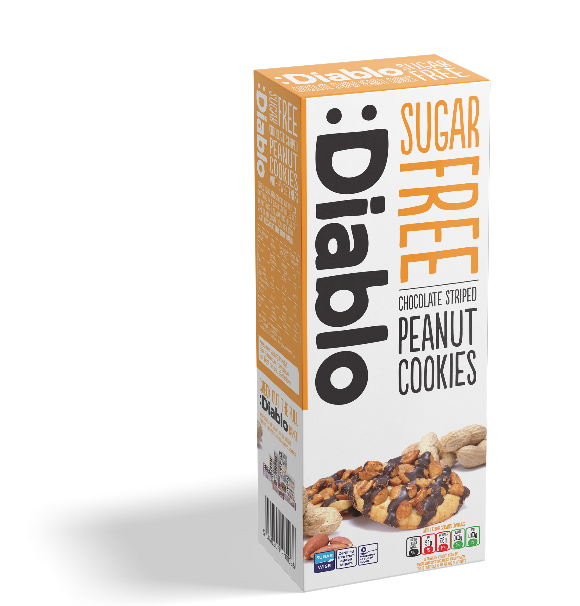 Diablo Sugar Free Chocolate Striped Peanut Cookies 150g box