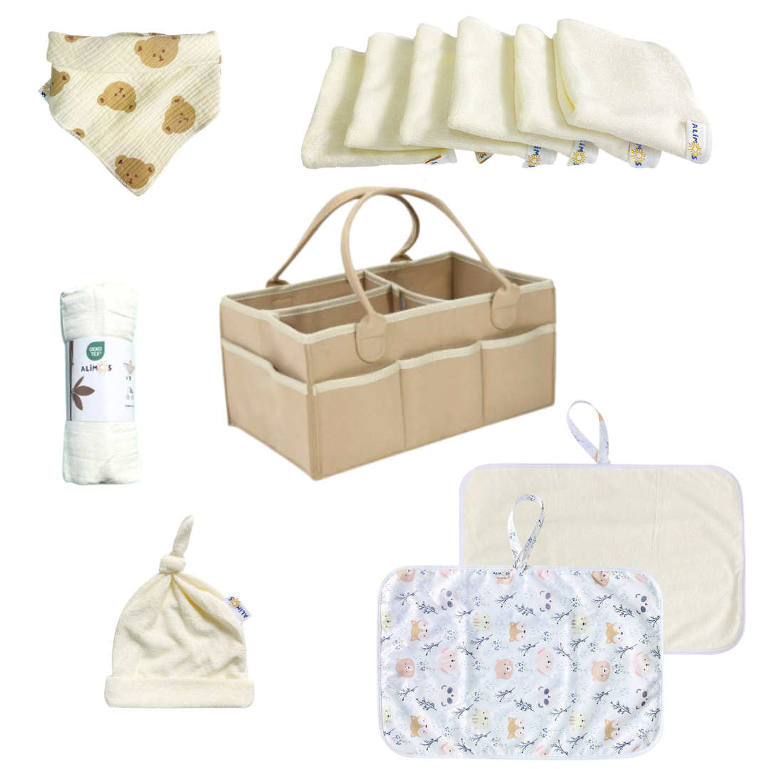 Alimos Beige Nappy Caddy Organiser Bag with Newborn Essentials, Travel Changing Mat, Baby Hat, Dribble Bib, Muslin Blanket, Baby Wipes