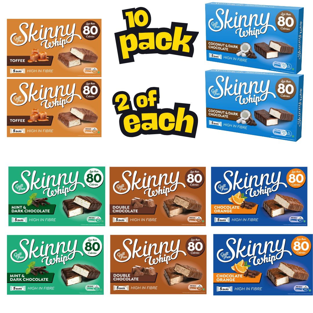 Skinny Whip Bundle Of 10 ( x2 Double Chocolate ,x2 Coconut & Dark Chocolate , x2 Mint& Dark Chocolate , X2 Orange , x2 tofee