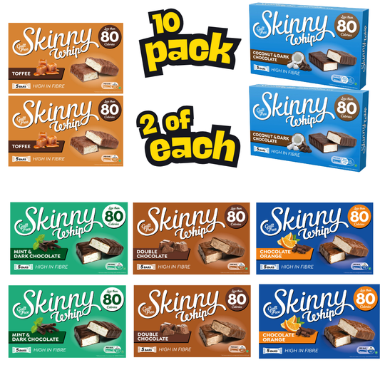 Skinny Whip Bundle Of 10 ( x2 Double Chocolate ,x2 Coconut & Dark Chocolate , x2 Mint& Dark Chocolate , X2 Orange , x2 tofee
