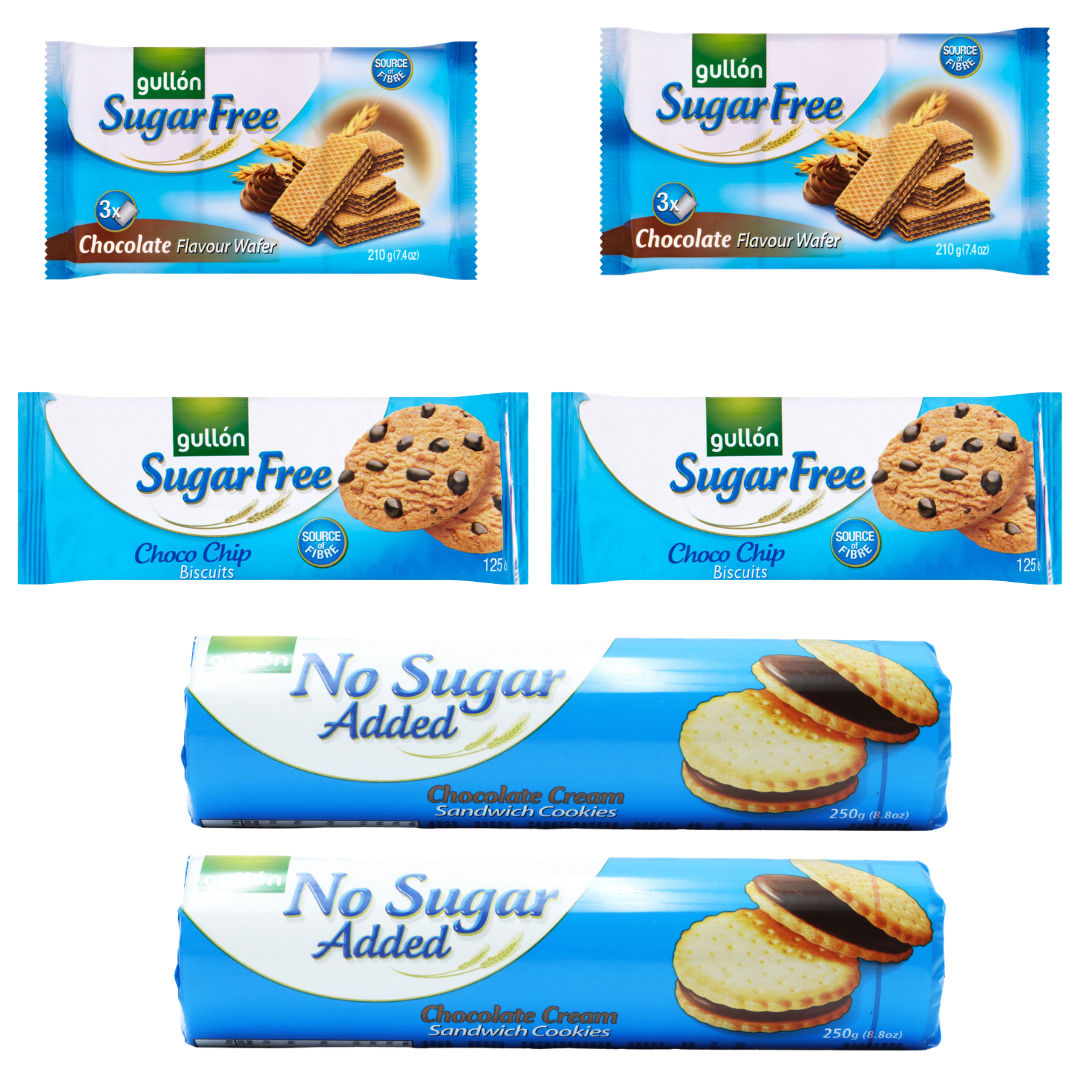 Gullon Sugar Free Chocolate Bundle x2 chocolate wafers x2 choco chips cookies x2 chocolate sandwich cookies
